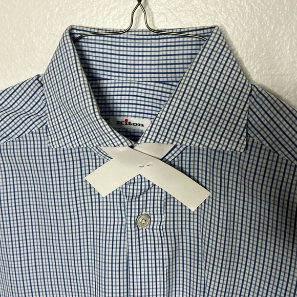 #53 KITON Designer Blue Gingham Plaid Cotton Shirt 15 - Picture 5 of 13